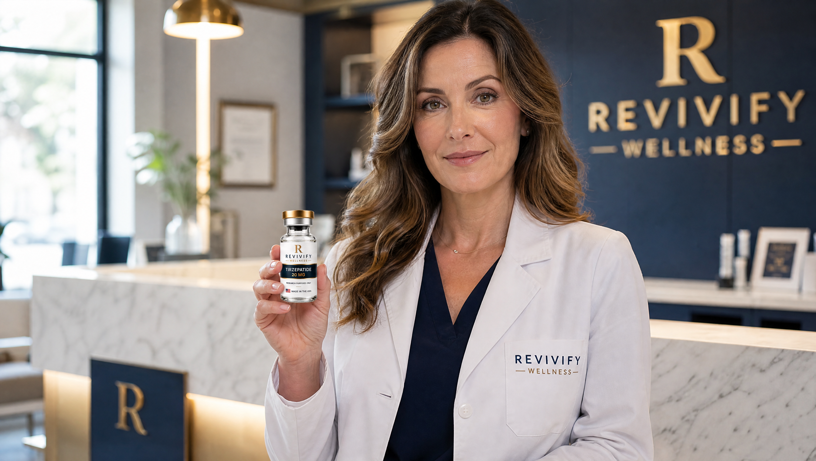 Revivify Wellness clinician holding a research peptide vial in a modern clinic
